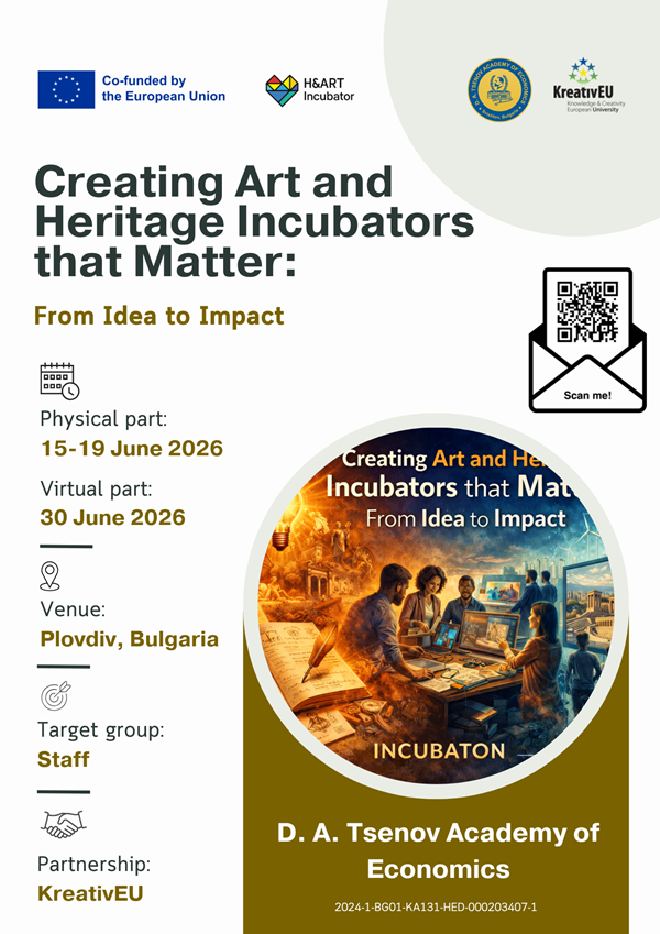 European Union logo and text „Financed by the European Union“ for the Blended Intensive Programme „Creating Art and Heritage Incubators“ announcing dates and illustrating collaborative work